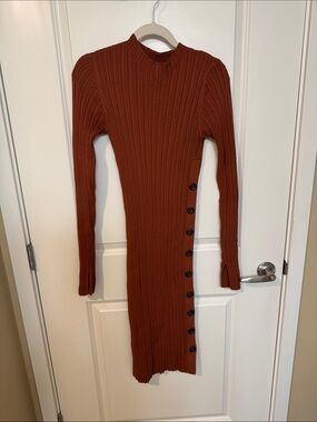 Adam Lippes Rust Ribbed Button-Accent Long Sleeve Dress